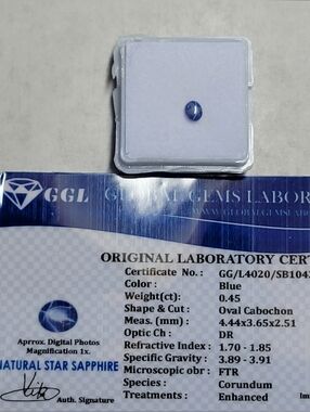 Star Blue Sapphire 0.45 Ct Certified Loose Gemstone Natural W/ GGL Cert